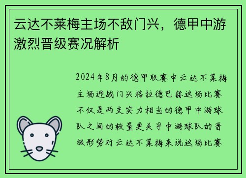云达不莱梅主场不敌门兴，德甲中游激烈晋级赛况解析