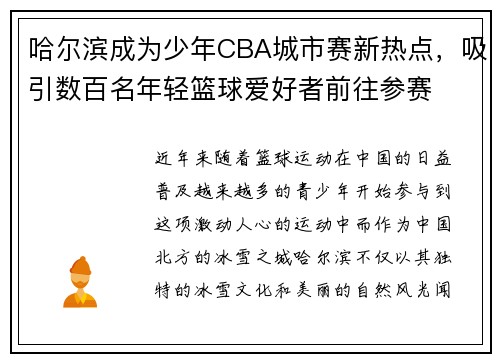 哈尔滨成为少年CBA城市赛新热点，吸引数百名年轻篮球爱好者前往参赛