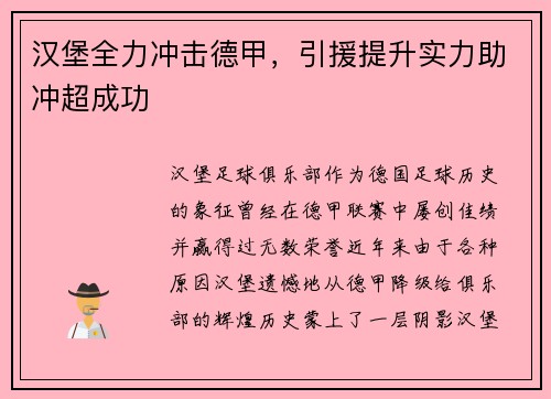 汉堡全力冲击德甲，引援提升实力助冲超成功
