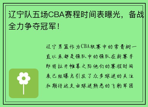 辽宁队五场CBA赛程时间表曝光，备战全力争夺冠军！